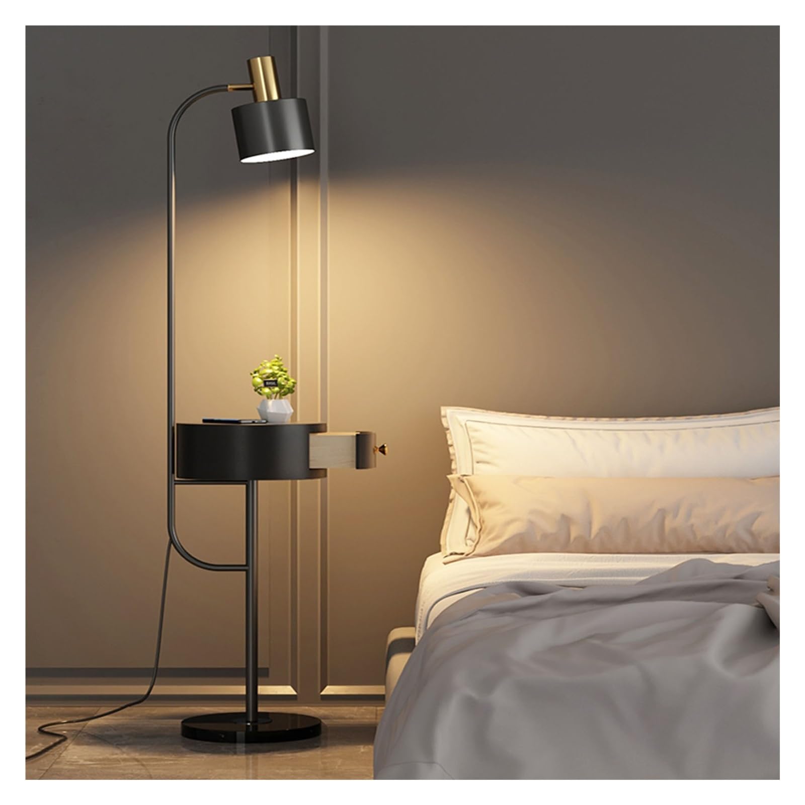 E7v2t9k6 Black Standard Lamp Floor Lamp With Drawer Table, Mid Century Modern Standing Lamps, End With Charging Station, Bedside With Attached Corner