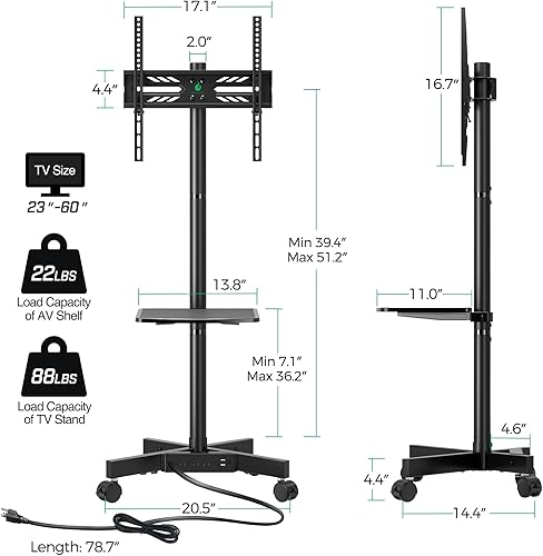 Miniatura 8 de GREENSTELL Soporte de TV con toma de corriente, carrito de TV móvil con ruedas para televisores de pantalla plana LED LCD de 23 a 60 pulgadas, hasta