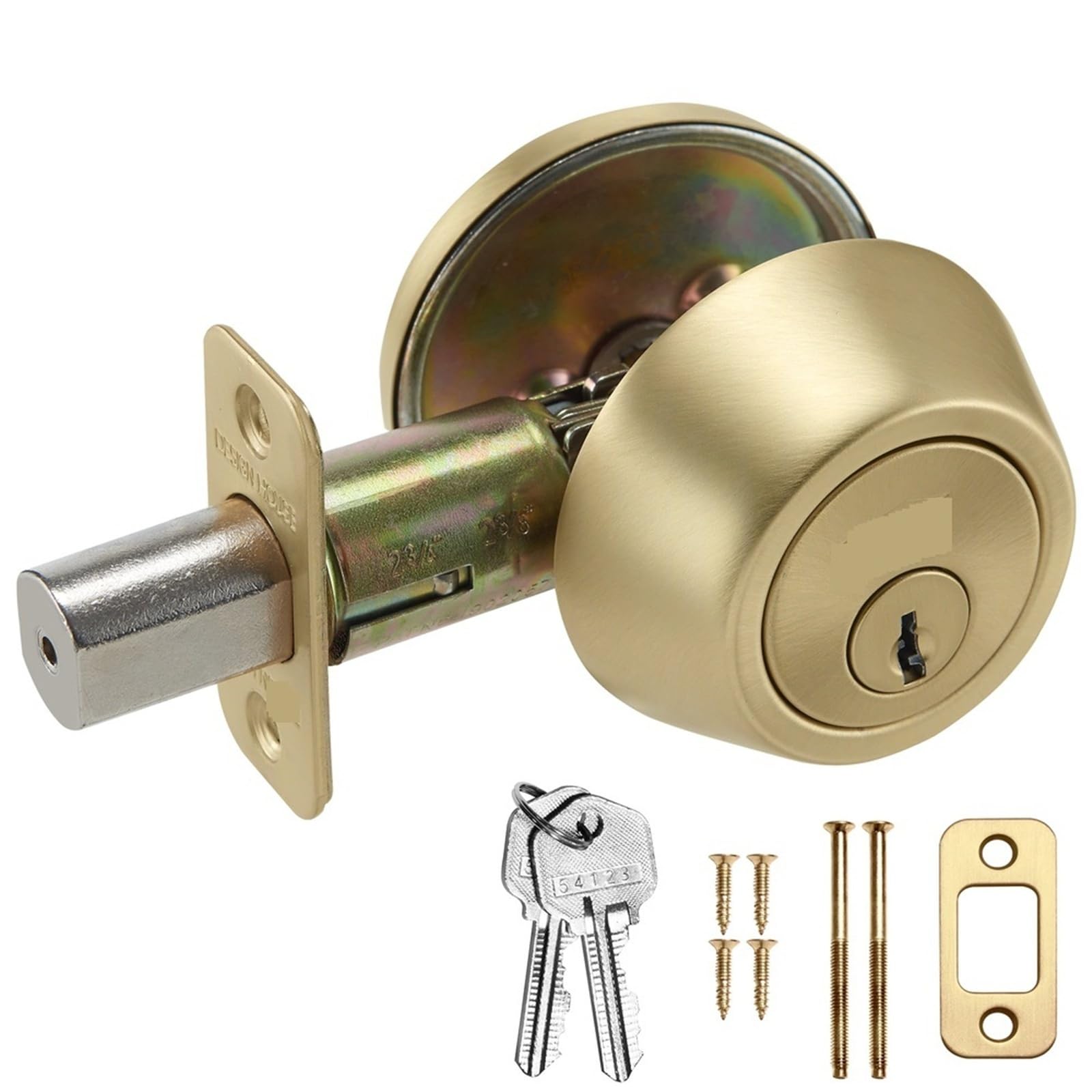 Single Cylinder Deadbolt Lock Satin Gold Finish Adjustable Latch Reversible Left Right Handed Doors ANSI Grade 3 Security