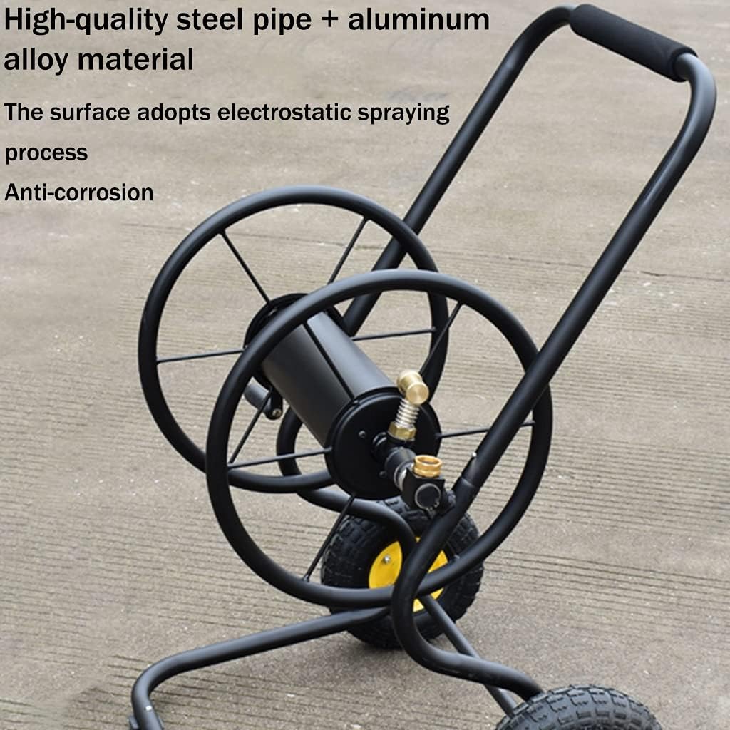 Garden Hose Reel Cart with Wheels,Household Pet Bath Hose Storage Rack, Outdoor Irrigation Hose Cart with Water Pipe, Garden Supplies (Color : Black, Size : +DN20 60M Pipe)