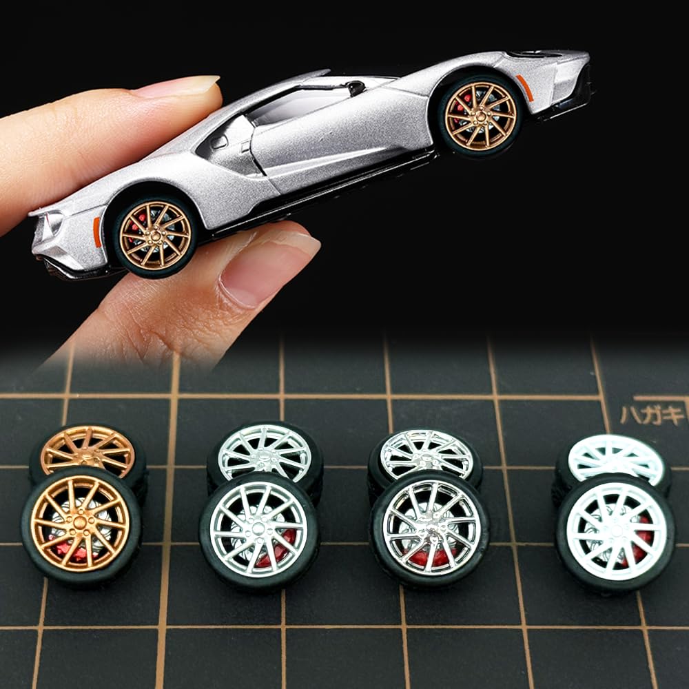 1/64 Wheels and tires for Upgraded Mainline Cast Model Car,Diameter is 0.39In, Rotating Ten Axes, 4 Sets/Pack, ABS wheels with Rubber Tires Rivet Shaft with Brake Pads (Series T(4 sets))