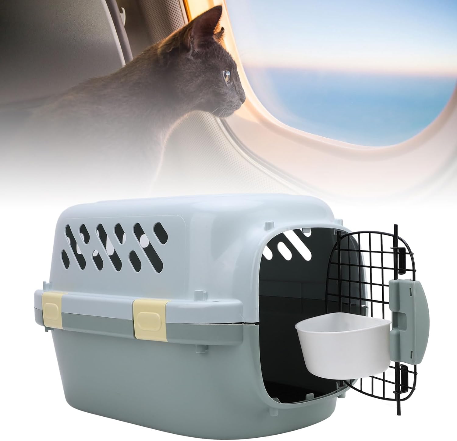 Cat Travel Carrier, Large Space 4 Sides Ventilation Hard Sided Pet Carrier with Lockable Door, Airline Approved Portable Plastic Cat Travel Crate for Outdoor Home Car (S)