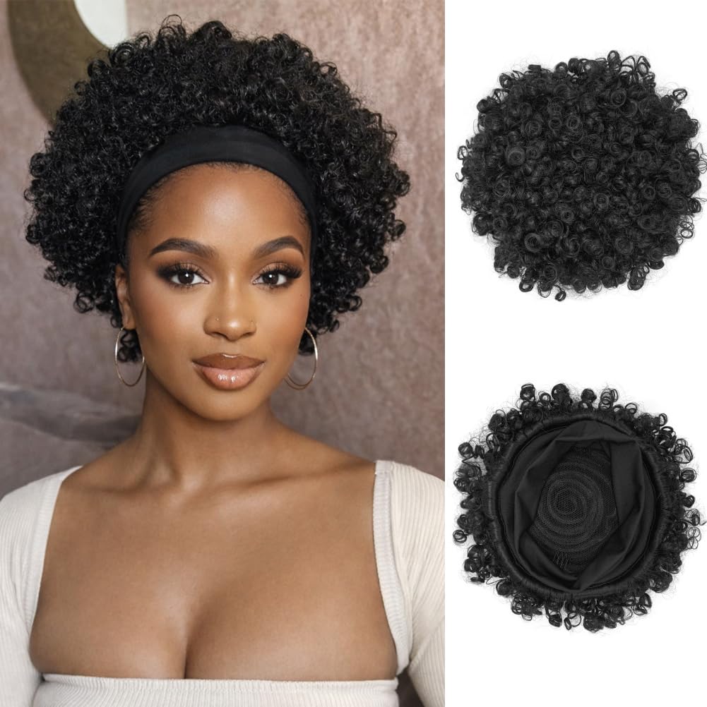 Afro Curly Wigs with Headbands for Black Women: Synthitic Kinky Puff Wigs, Drawstring Headwrap Hairstyles
