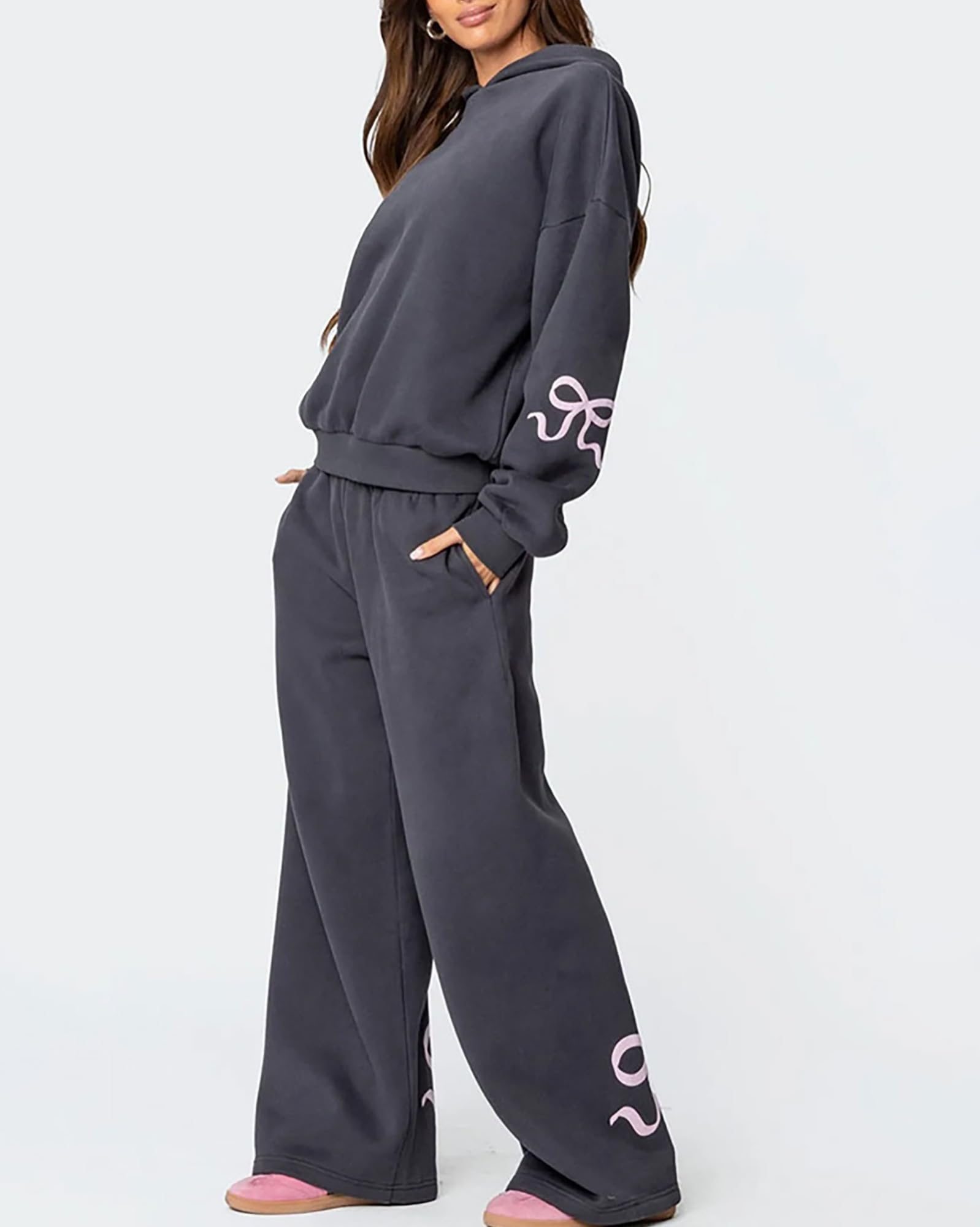 Tuta Donna Completa Di 2 Pezzi Da Donna Tute Autunnali Felpa Con Cappuccio Oversize Con Fiocco A Maniche Lunghe Pantaloni Da Tuta Set Da Salotto