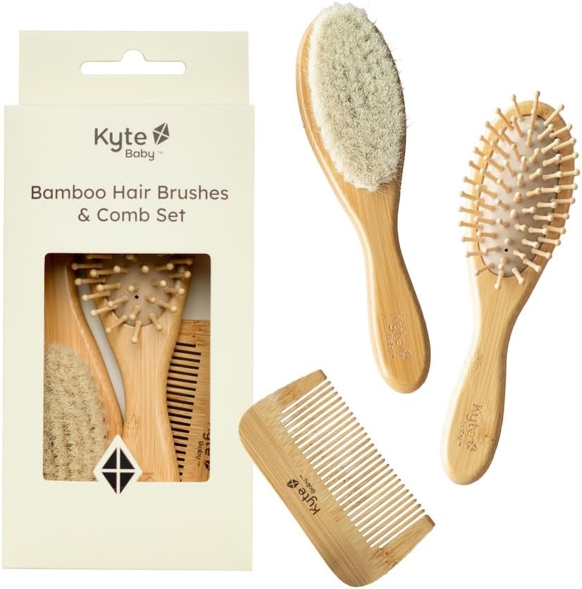 Kyte BABY Bamboo 3-Piece Brush Set - 1 Goat Hair Brush, 1 Wooden Bristle Brush and 1 Bamboo Comb
