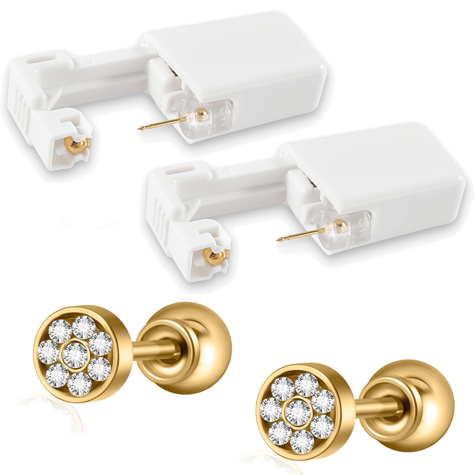 CHUANCI PAIR Disposable Sterile Ear Piercing Unit Ear Cartilage Tragus Helix Piercing Gun More Safety Piercer Tool Machine Choose Design (PAIR Gold 4mm Full Cz)