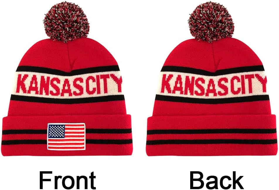 US Flag City Football Embroidery Classic Pom Cuff Kansas Beanie Hat Cuffed Winter Soft Beanie Knit Pom Hat Cap Red - Image 2