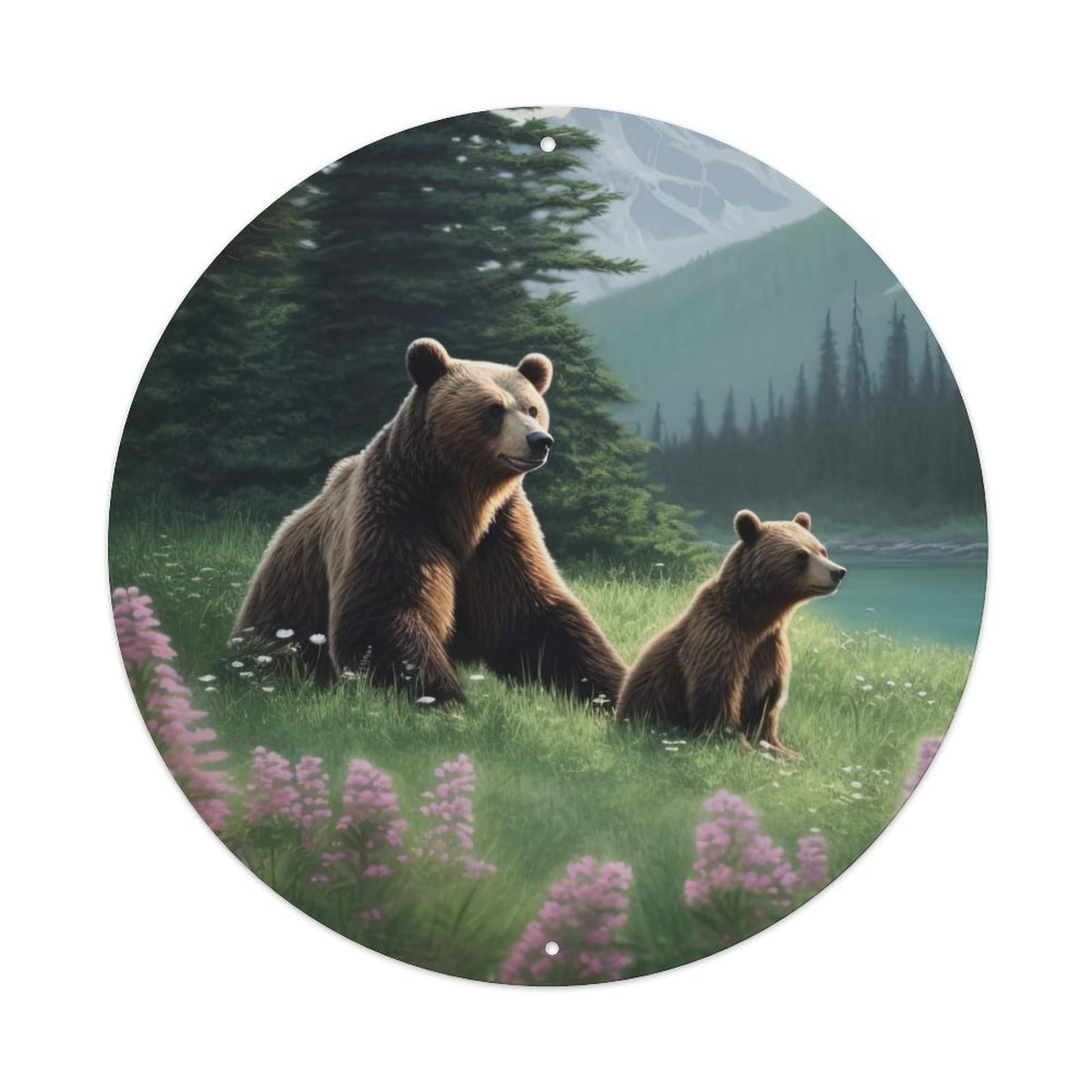 Animals Artwork Grizzly Bear And Its Cubs Vintage Metal Tin Sign Plaque Wall Decor for Cafe, Club Bar, Office, Garden Metal Poster 8x8Inch
