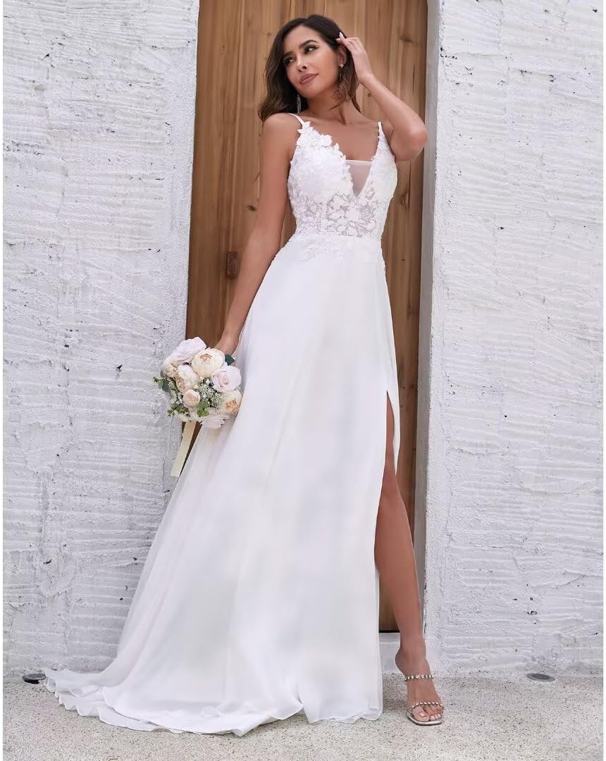 Chiffon Wedding Dresses for Bride Lace Appliques V Neck Long Beach Spaghetti Straps Simple Bridal Gown with Slit - Image 5