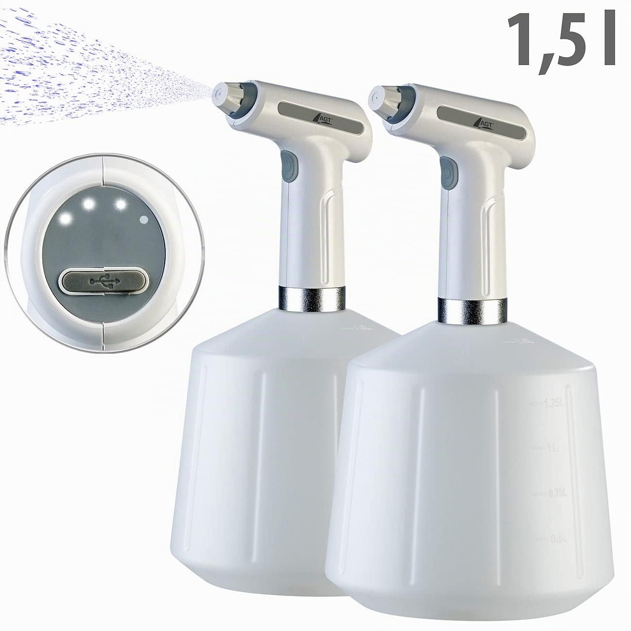 AGT Akku Sprühflasche: 2er-Set Akku-Pump-Drucksprüher mit Einstell-Düse, je 1,5 Liter (Sprayflasche, automatischer Wassersprüher, Kühl)