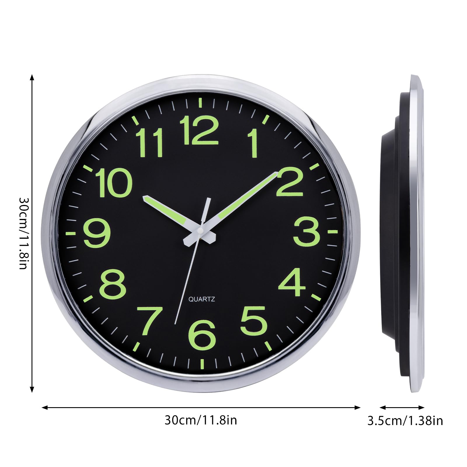 Wall Clock 12 inch Glow in The Dark Wall Clocks Battery Operated Night Lighted Large Wall Clocks Silent Non Ticking Silver Analog Clock for Living Room Kitchen Bedrooms Office Farmhouse Home Decor