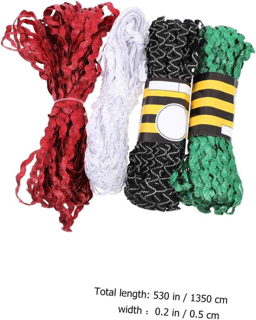 Unomor 4 Rolls 15-Yard Rickrack Ribbon Trim 5mm Bending Fringe Sewing Ribbon for DIY Crafts and Dressmaking Red Green White Black White Colors for Apparel and Home Decor