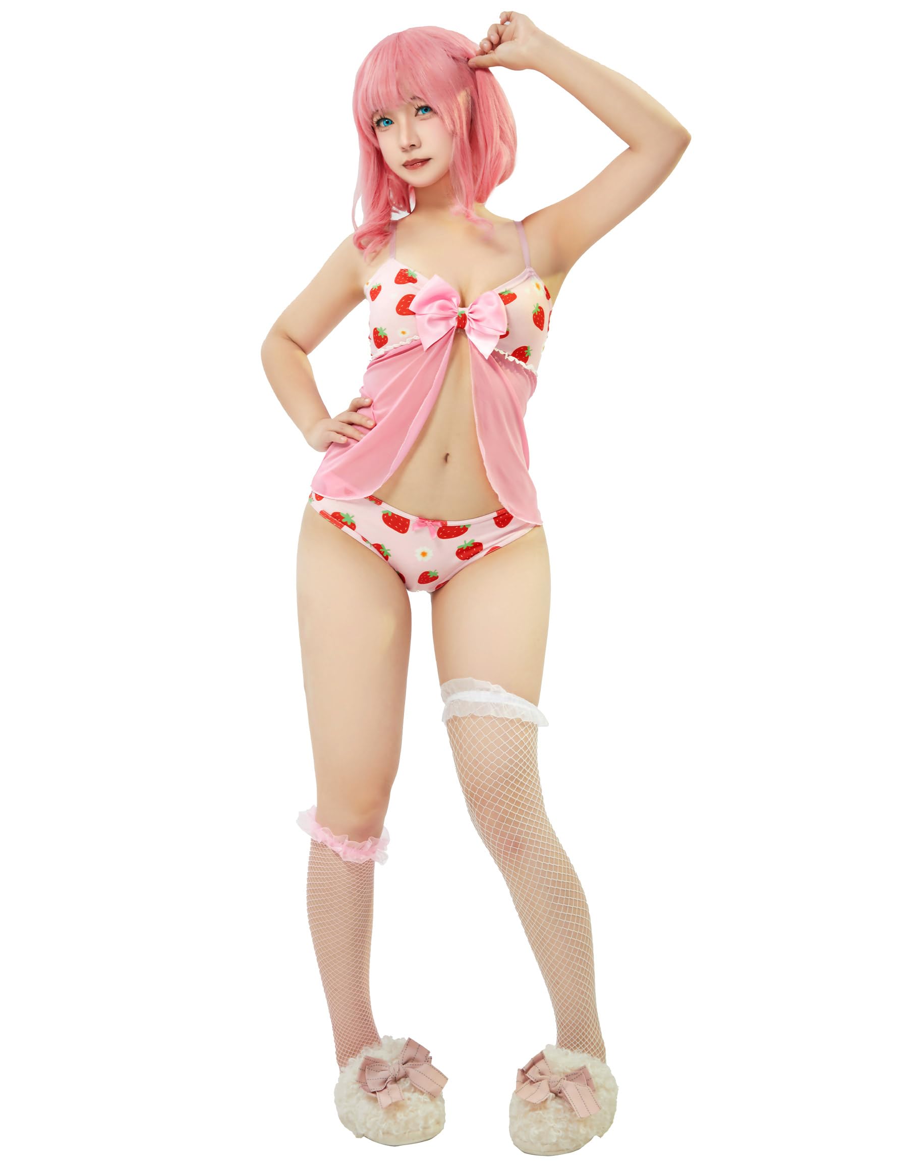 Mobbunny Pink Lace Babydoll Lingerie for Women Strap Chemise Nighties V Neck Sleepwear Strawberry Print Loungewear