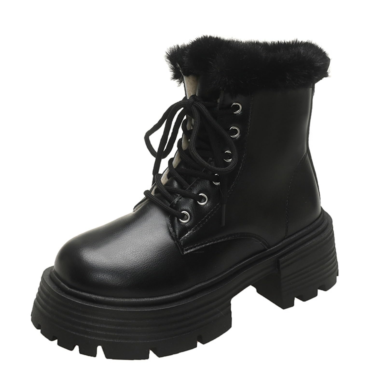 WomenS PU Platform Winter Warm Combat Ankle Boots Fashion Comfort Lace-Up With Side Zipper Chunky Lug Sole Non