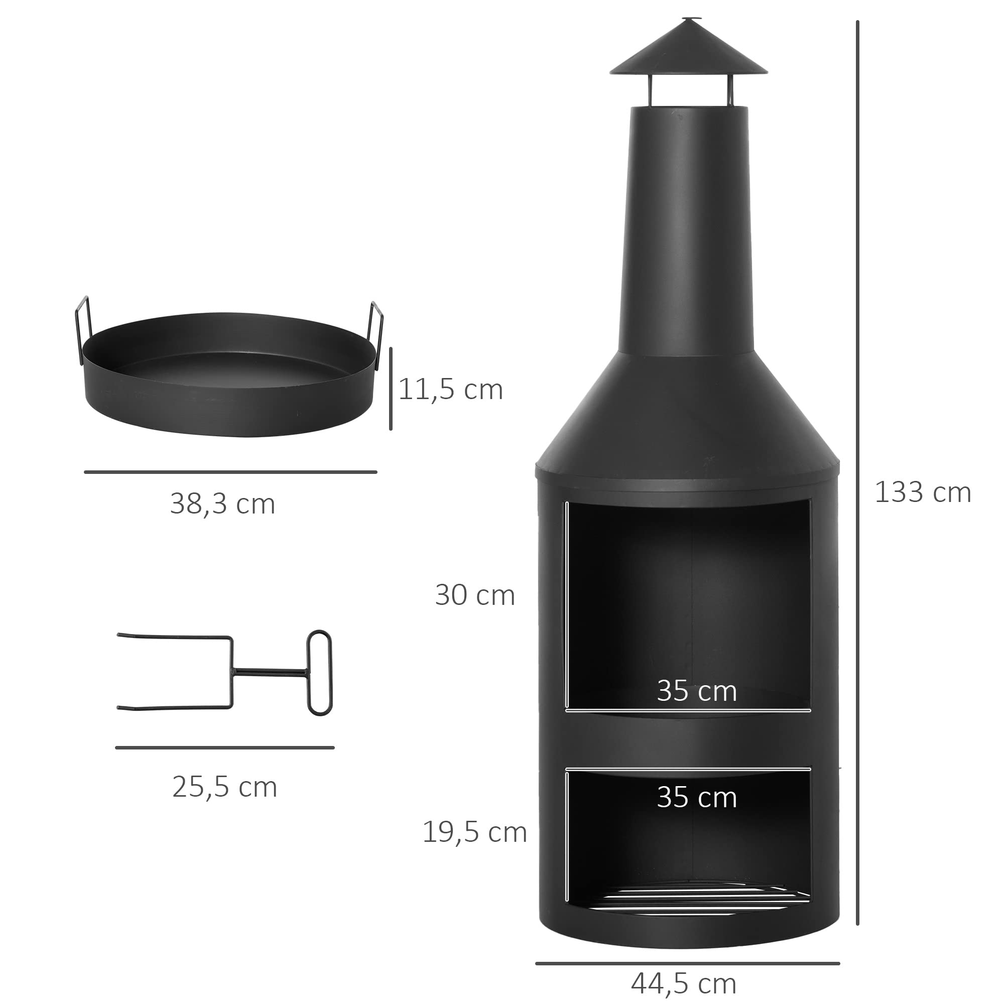 Outsunny Chimenea de exterior brasero mexicano Altura 133 cm, Diámetro 45, Metal con gran chimenea - Almacenamiento de troncos - Negro