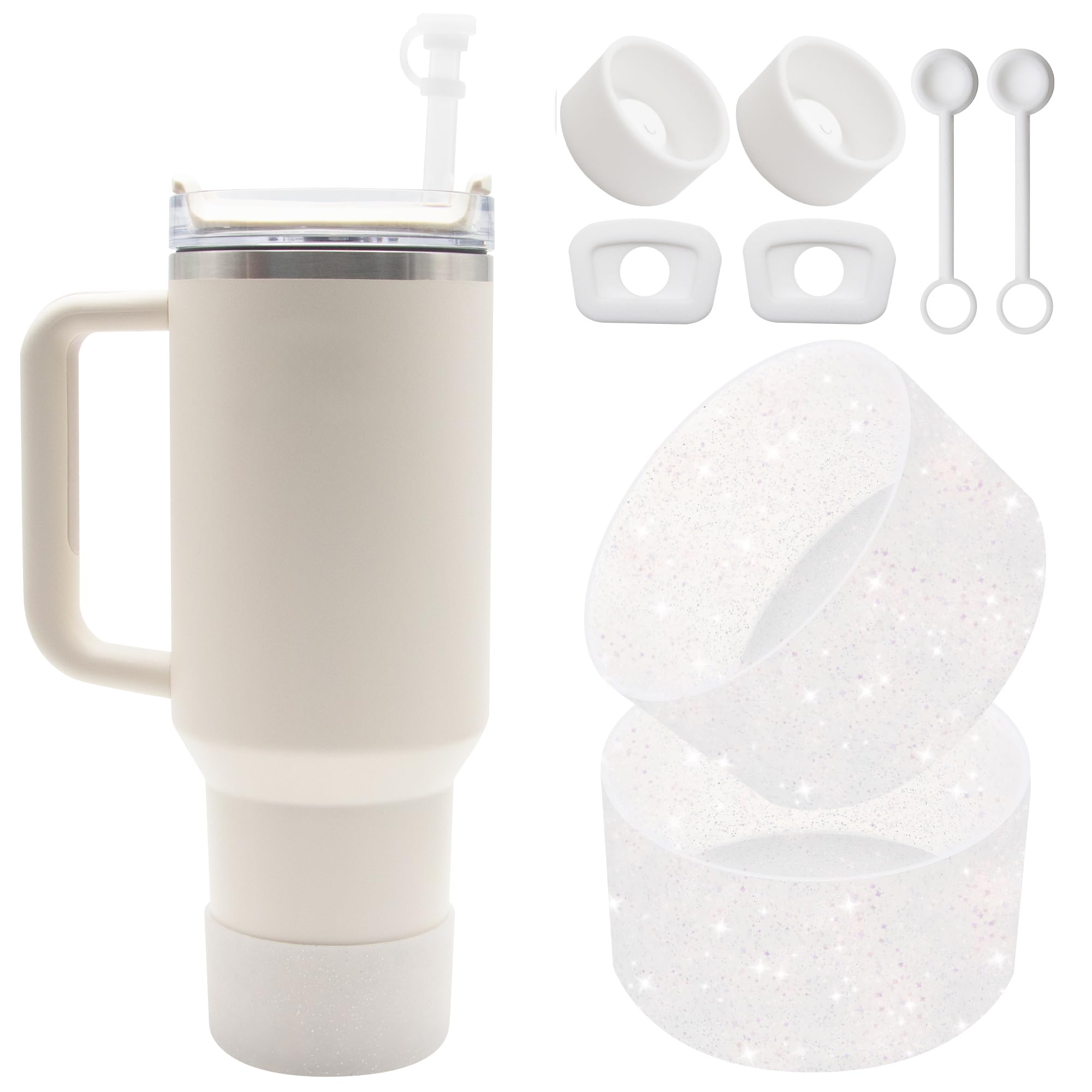 Silicone Boot for Stanley Cup, 2 Pcs Cup Boot for Stanley 40/30 OZ with 2 Pack of Spill Stoppers, Silicone Cup Sleeve for Outdoor, Glitter Bottom Protector for Stanley Cup Accessories, Clear