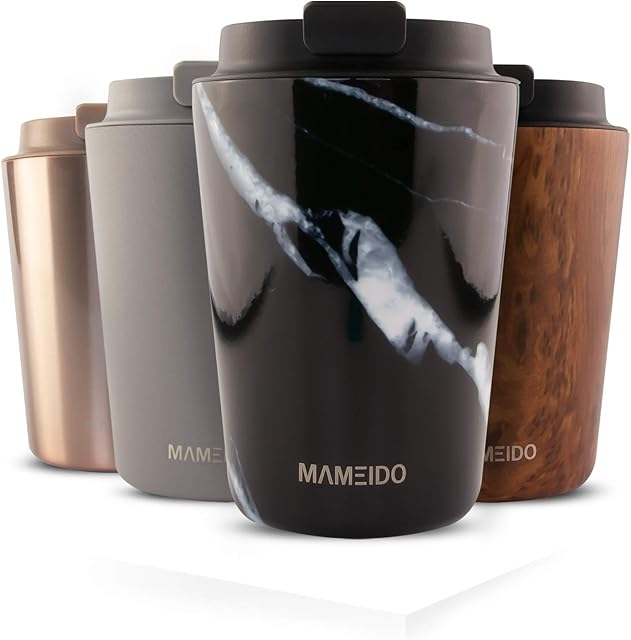 MAMEIDO Travel Mug 350ml Black Marble - Coffee Cup Travel Mugs for Hot Drinks, Leakproof Insulated Coffe Mug