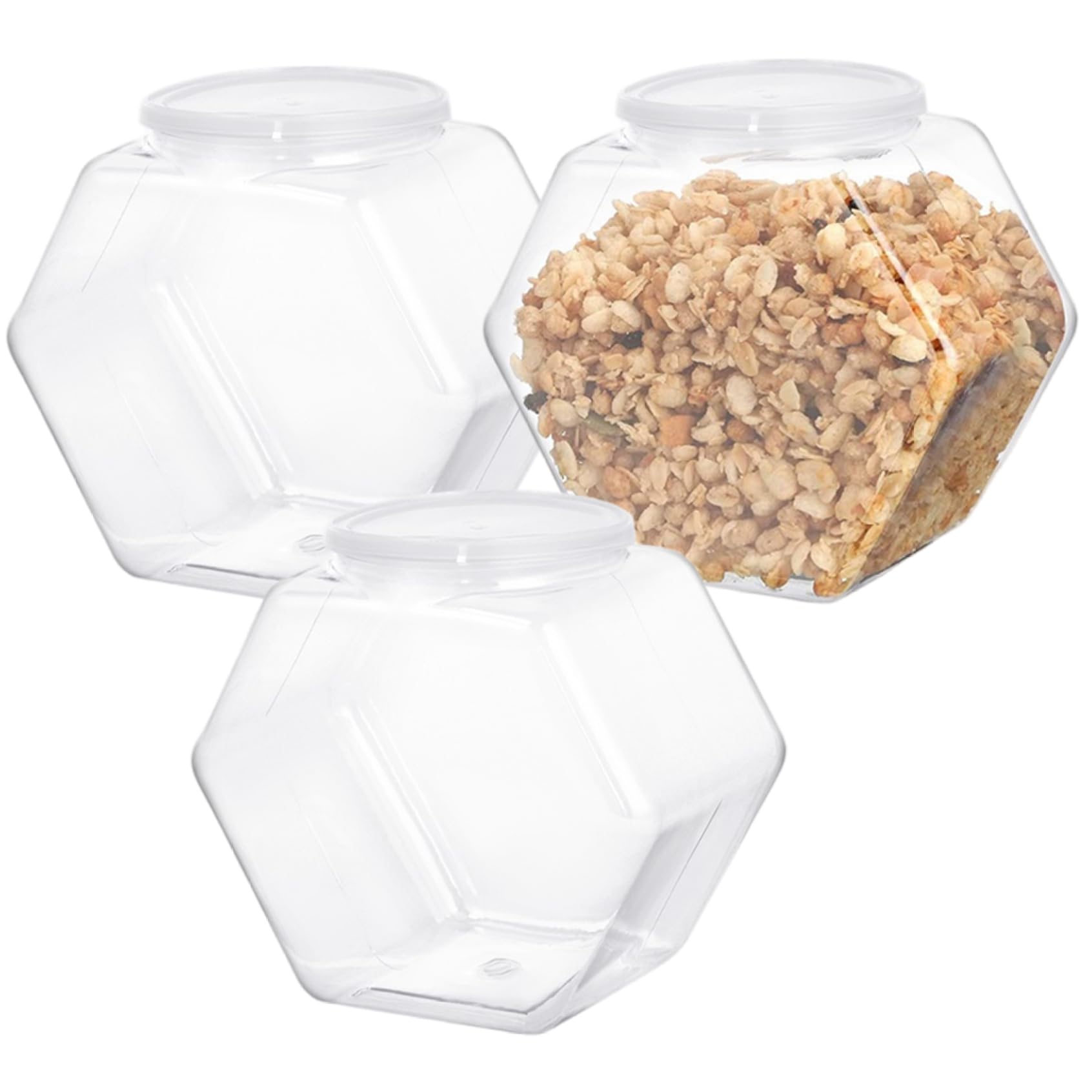 Hbbgdiy 3PCS Sweet Jars 2150ml Plastic Hexagon Jars with Lids, Clear Candy Buffet Containers for Sweets, Cookies, Snacks, Dry Food Storage, Party Favors