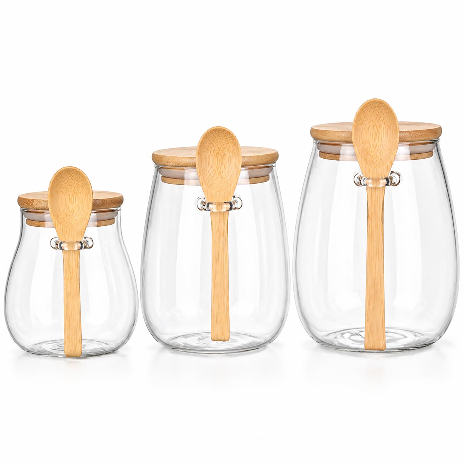 Lxoraziy Glass Storage Jars Set of 3 with Bamboo Lid and Spoon, Airtight Food Storage Containers 350ml 600ml 1000ml, Borosilicate Glass Jars for Kitchen, Coffee, Tea, Sugar, Spices