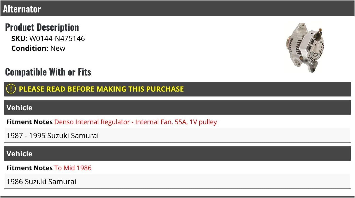 Alternator - Compatible with 1986-1995 Suzuki Samurai