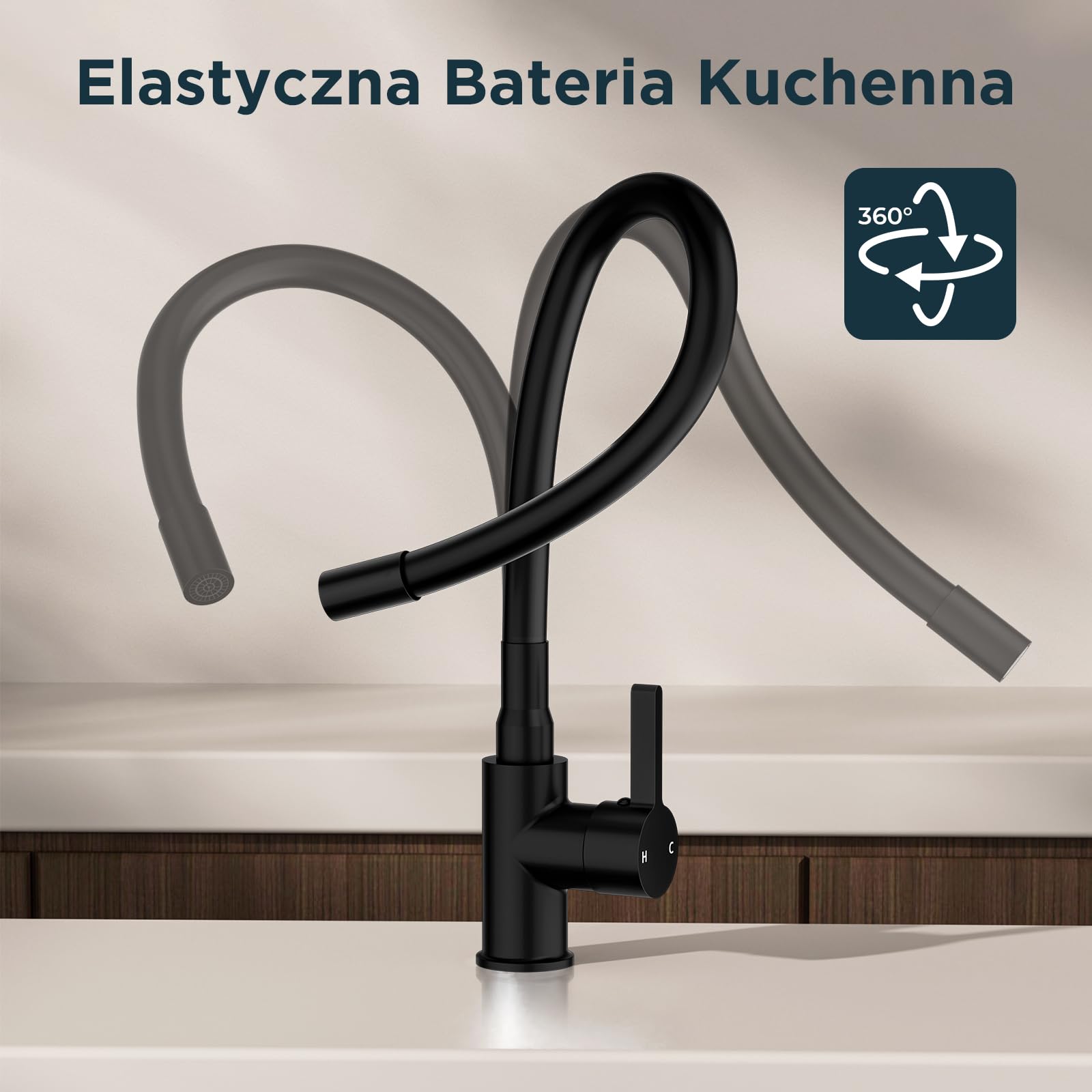 FORIOUS Elastyczny Kran Kuchenny Czarna, Bateria Kuchenna Zlewozmywakowe, Obrót 360° Bateria Jednouchwytowa do Kuchni ze Stali Nierdzewnej