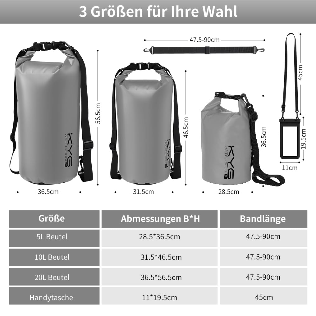 KYG Dry Bag Borsa Impermeabile, 5L/10L/20L, con Custodia Impermeabile per Cellulare, Borsa Asciutta per Spiaggia e Sport All'aperto, Escursionismo, SCI, Pesca, Arrampicata, Campeggio, Surf, Rafting