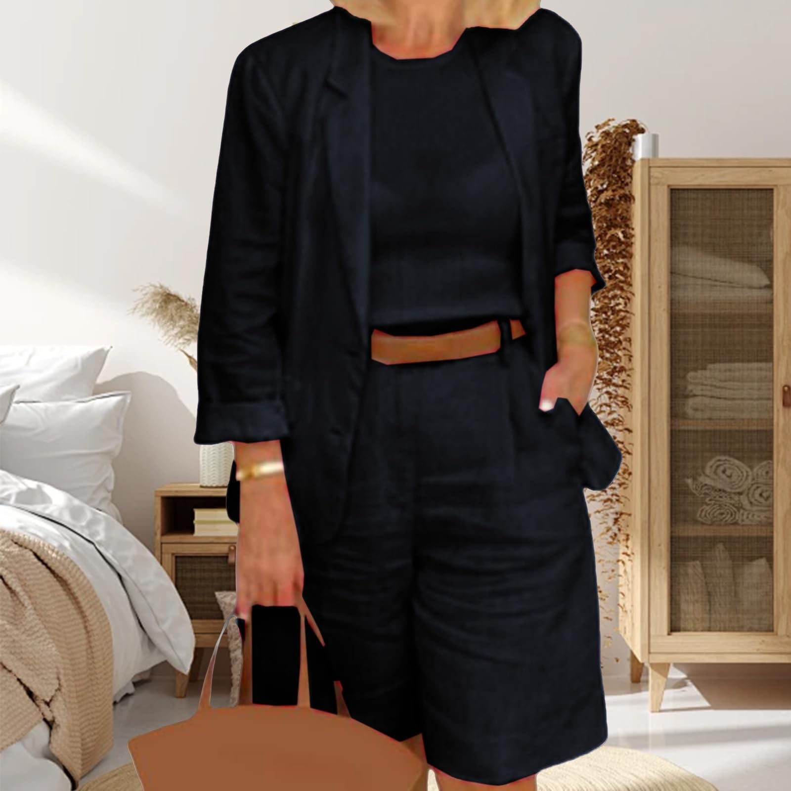 Completo 2 Pezzi Cotone Lino Tailleur Set Leggero Blazer Estivo e Bermuda Shorts Outfit Casual Gamba Larga Short PantsSet per Ufficio
