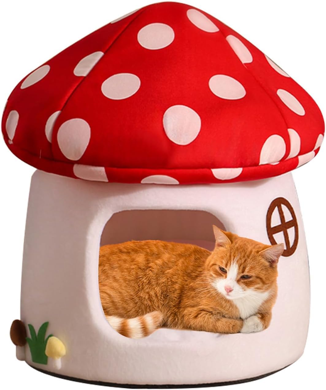 Mushroom Cow Cat Bed House for Indoor Cats & Small Dogs - Soft Cave-Style Pet Nest with Removable Washable Cushion, Plush Semi-Enclosed Cat Cave Tent,