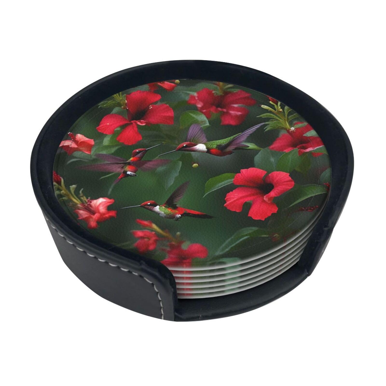 Hummingbirds Red Flower Hibiscus Print Round Coasters Set Of 6,Coaster For Tabletop Protection Home Bar Decor