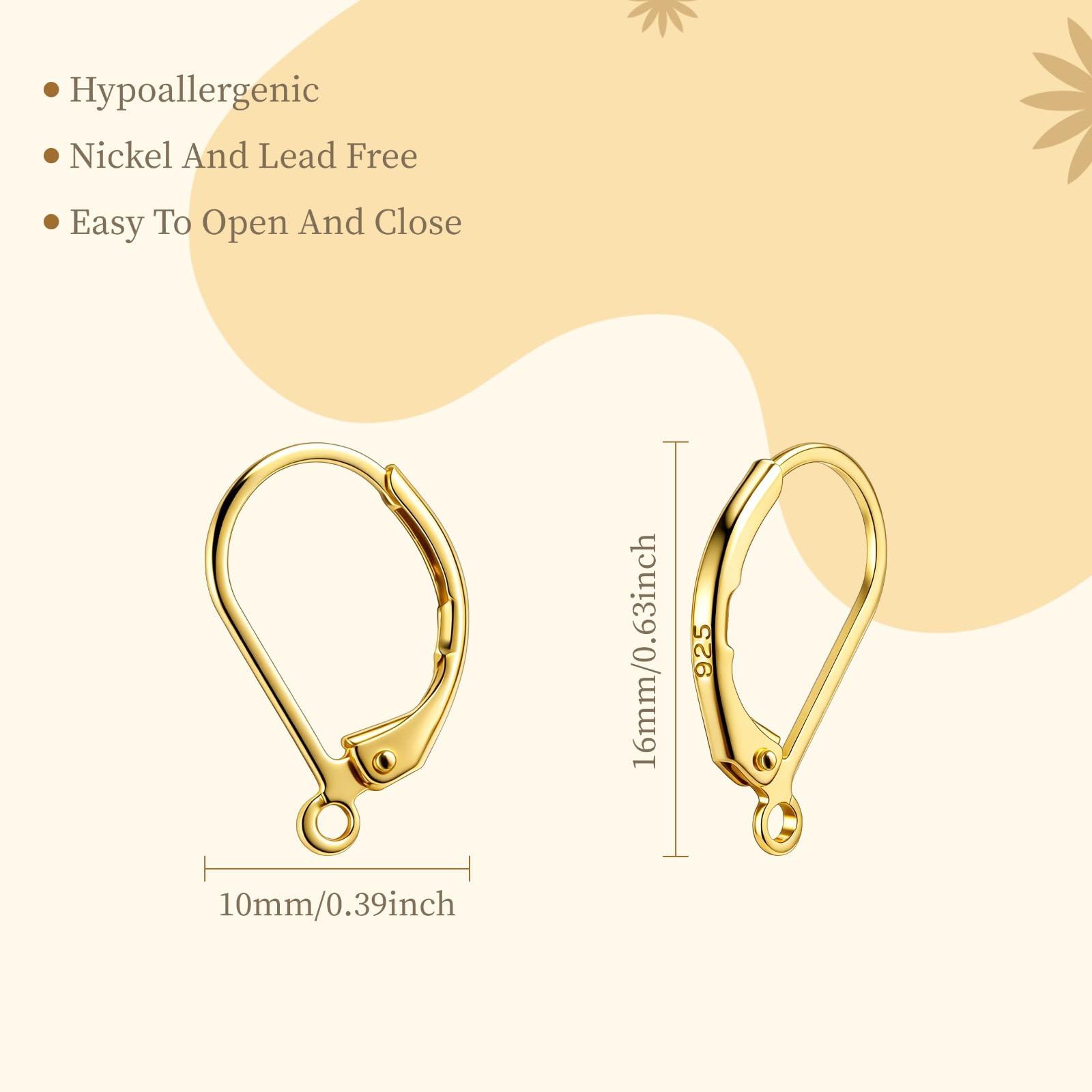 20 Stk. goldene 925er Sterlingsilber Leverback Ohrhaken, hautfreundliche French-Hook-Ohrverschlüsse mit Öse, Ohrhänger-Zubehör für Schmuckherstellung und DIY-Basteln