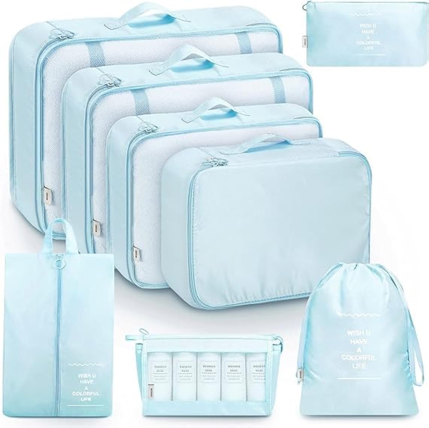 FLYNGO Nylon 8 Pcs Travel Organizer Pouch Packing Cubes For Clothes Space Savers Bags Cosmetics/Underwear/Socks/Shoes Toiletry Bag Laundry Organiser(Light Blue)