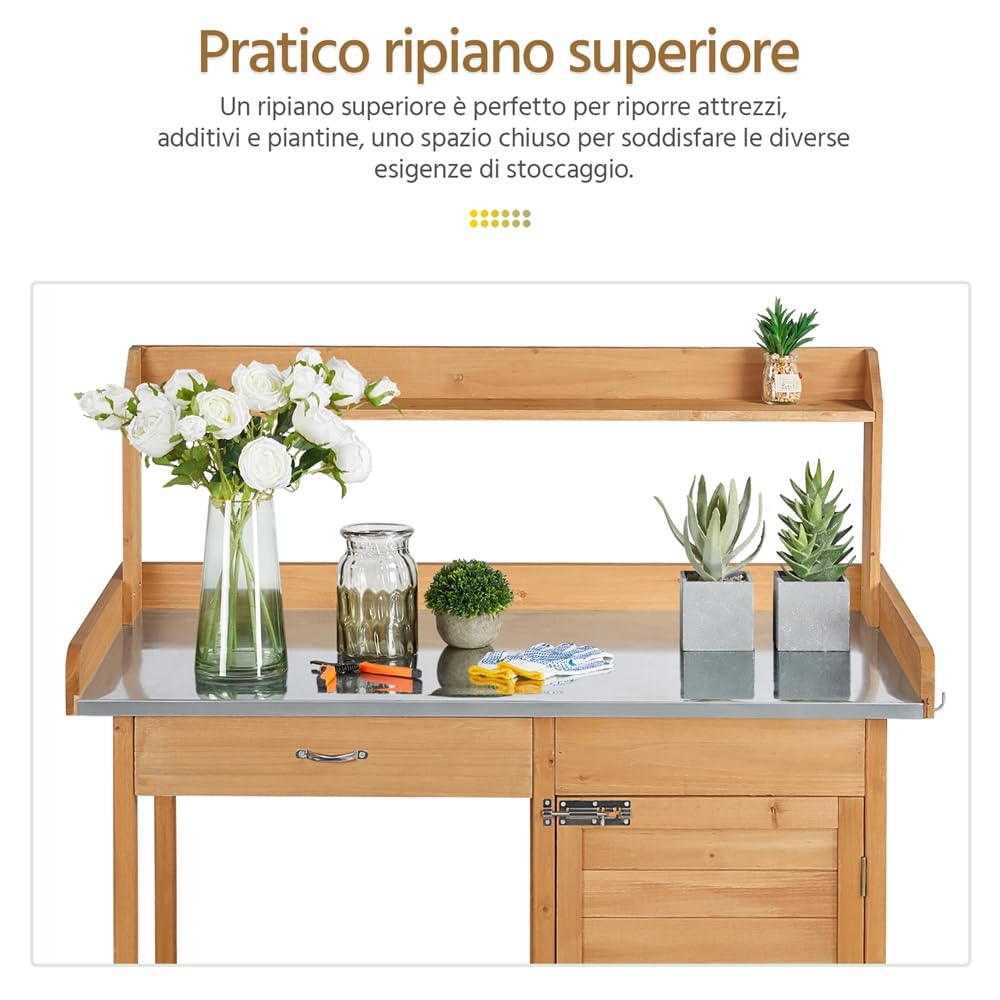Yaheetech Tavolo Lavoro da Giardino per Piante in Legno Naturale con Ripiano in Metallo Spazioso Cassetto e Armadietto Banco per Giardinaggio 112 x 46,5 x 125 cm