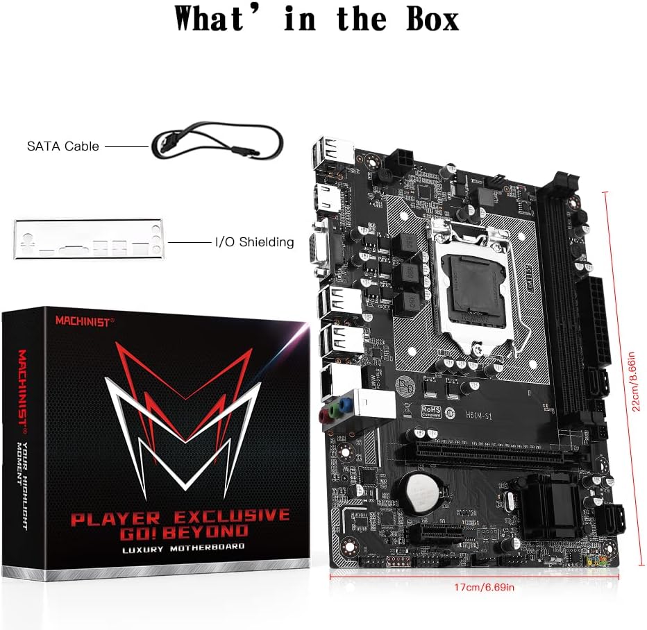 Contents of the package including the H61 motherboard, SATA cable, and I/O shielding.