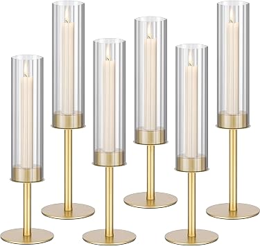 Gold Hurricane Candle Holders, Taper Striped Glass Cover Candlestick, Tall Brass Candle Stick Decor for Table, Centerpiece, Wedding, Dinning, Party on Indoor and Outdoor, Set of 6