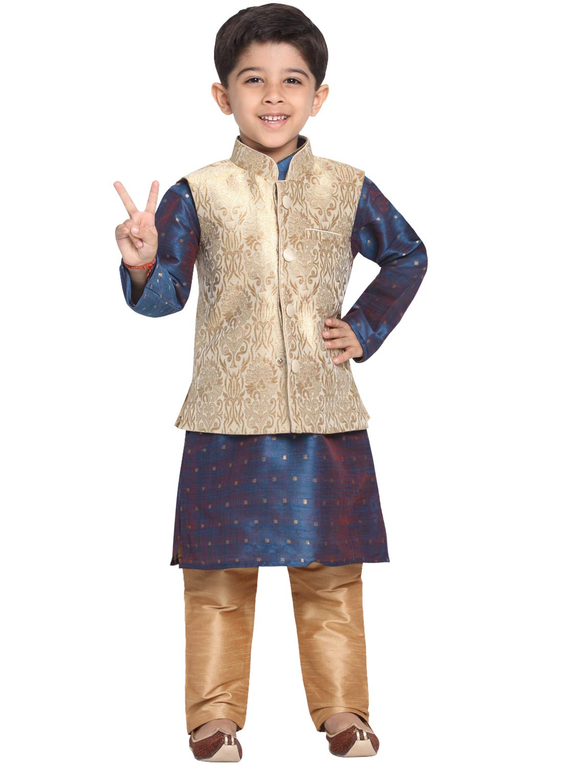 Jbn Creation Boys' Gold And Persian Blue Silk Blend Kurta, Ethnic Jacket And Pyjama Set (Vasbj024Rgnbk023Bunprg, For 7-8 Years)