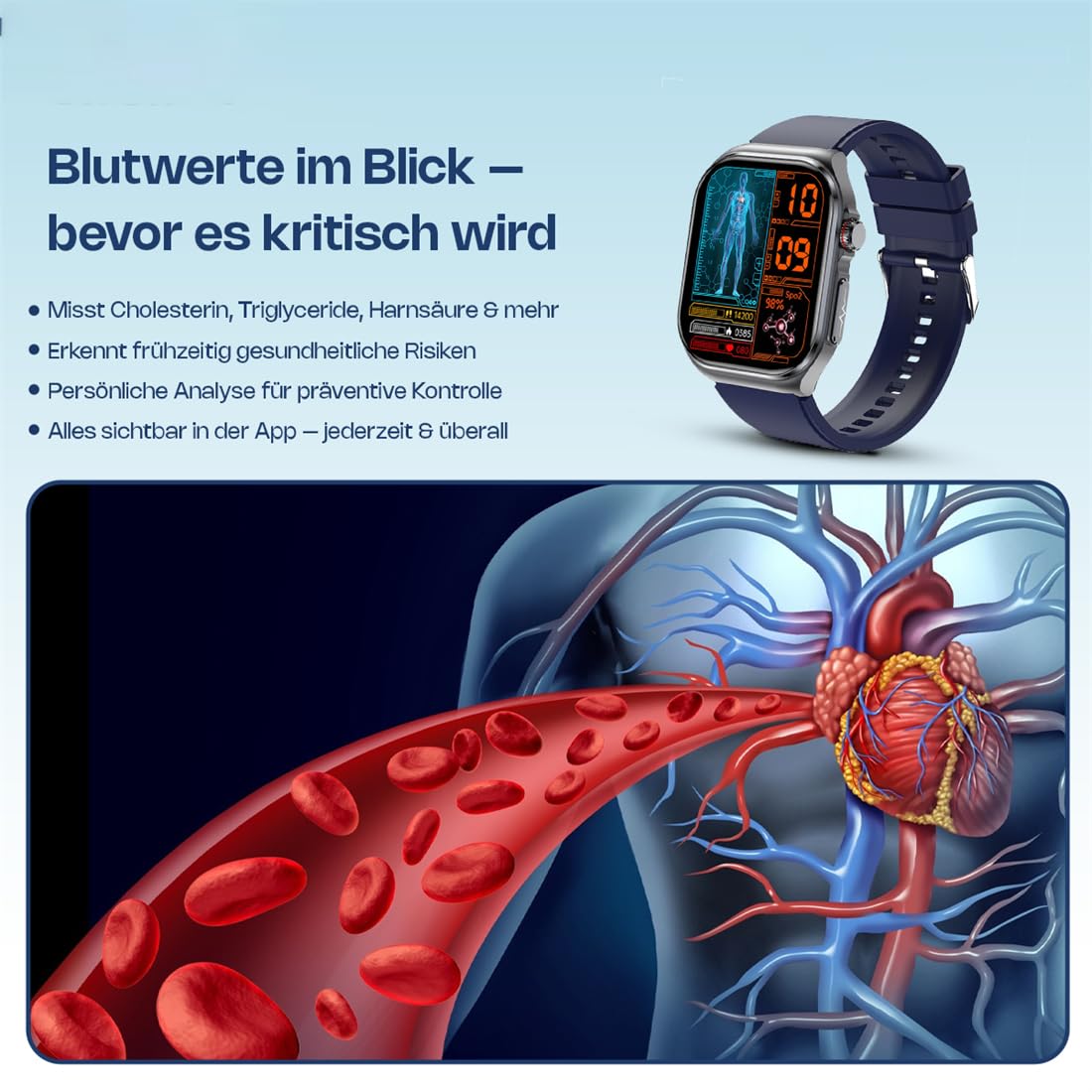 MEIION Ortho Leben Orthowatch Arca Smartwatch für Senioren – Einfache Bedienung, SOS-Notruf & Sturzerkennung, Echtzeit Herzfrequenz- & SPO₂-Überwachung für Schwimmen, Radfahren, Laufen, Fitness