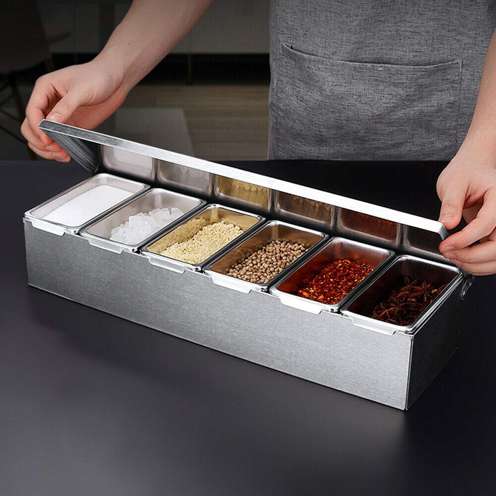 Portaspezie in acciaio inox con 6 griglie, 45 x 15 x 9 cm, contenitori per spezie e erbe aromatiche, resistenti all'umidità, ben sigillati