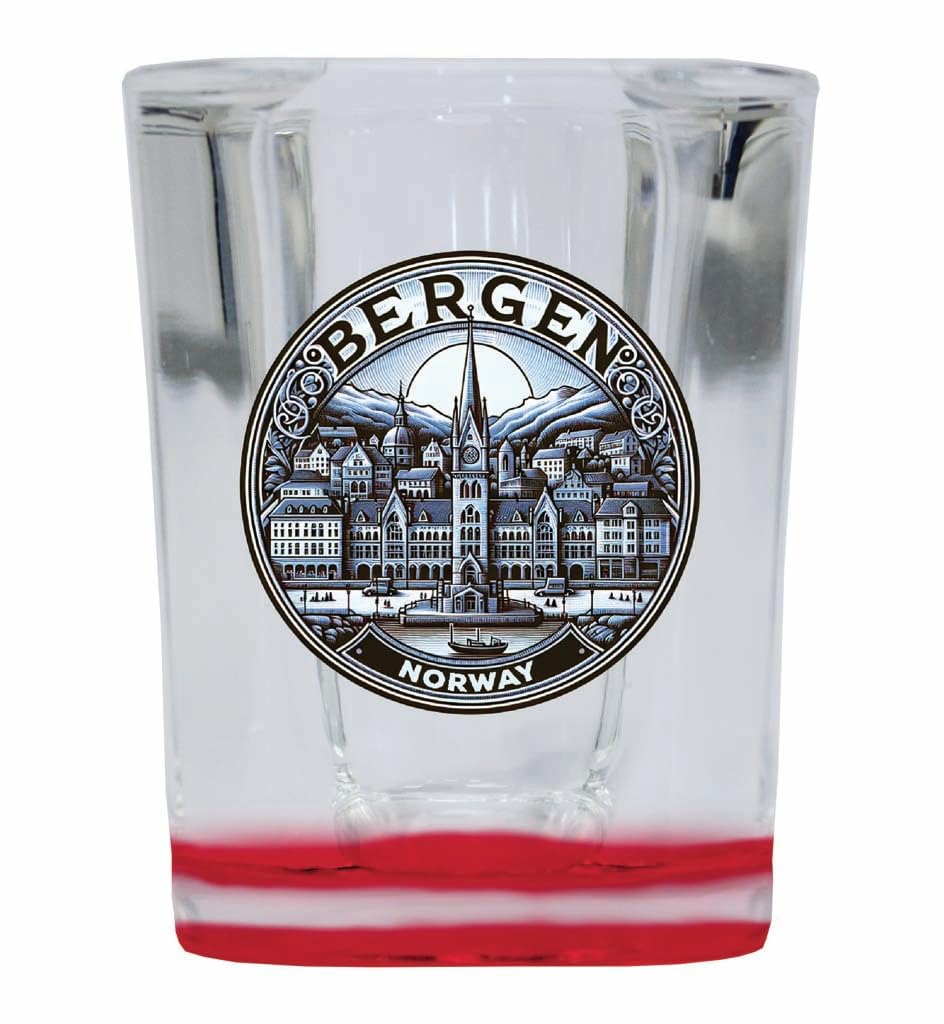 R and R Imports Bergen Norway Souvenir 2 Ounce Shot Glass Square Red Base Single