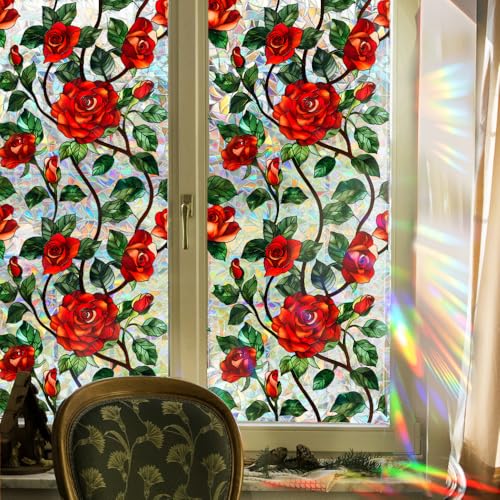 Película decorativa para ventana con flores rojo rosa 15.75 x 40 pulgadas miniatura 2