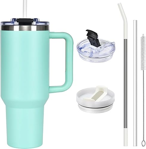 ASPERFFORT Vaso de 40 onzas con asa y tapa con pajilla, botella de agua de acero inoxidable, taza de viaje aislada al vacío, taza de café helado