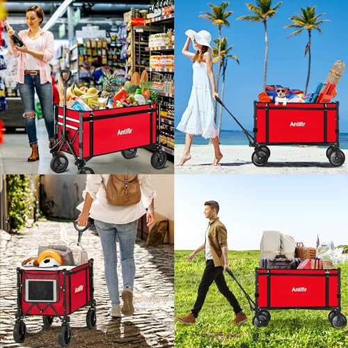 Antifir Collapsible Wagon with Large Capacity, Utility Wagons Carts Heavy Duty Foldable, Portable Folding Wagon with All-Terrain Wheels for Grocery Gardening Sports Shopping Fishing（Red） - Thumbnail 3