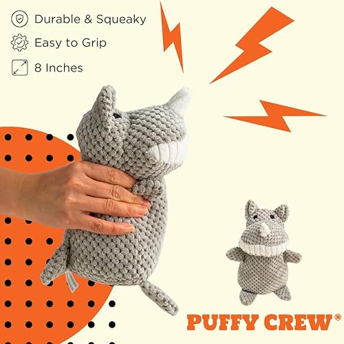 Miniatura 2 de Puffy Crew Juguete de peluche chirriante para perro, 8 pulgadas, rinoceronte de boca grande, gris
