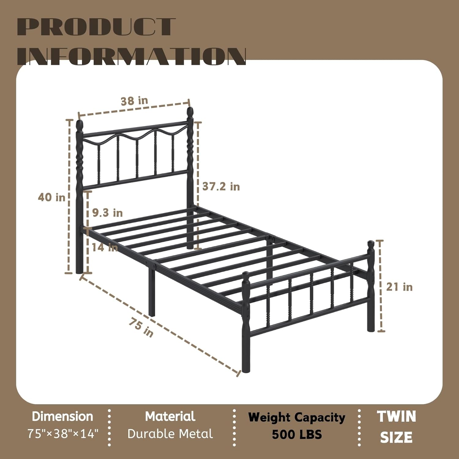 14 Inch Twin Bed Frame with Headboard and Footboard, Metal Twin Bed Frame No Box Spring Needed, Heavy Duty, Noise Free, Under Bed Storage, Black - Image 2