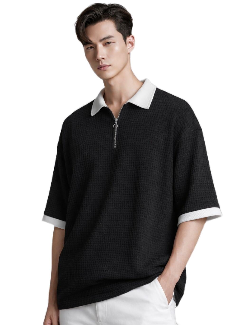 dagcros Men’s Oversized Waffle Knit Polo T-Shirt with Half Zip Collar – Premium Textured Relaxed Fit Streetwear Tee-picture-37