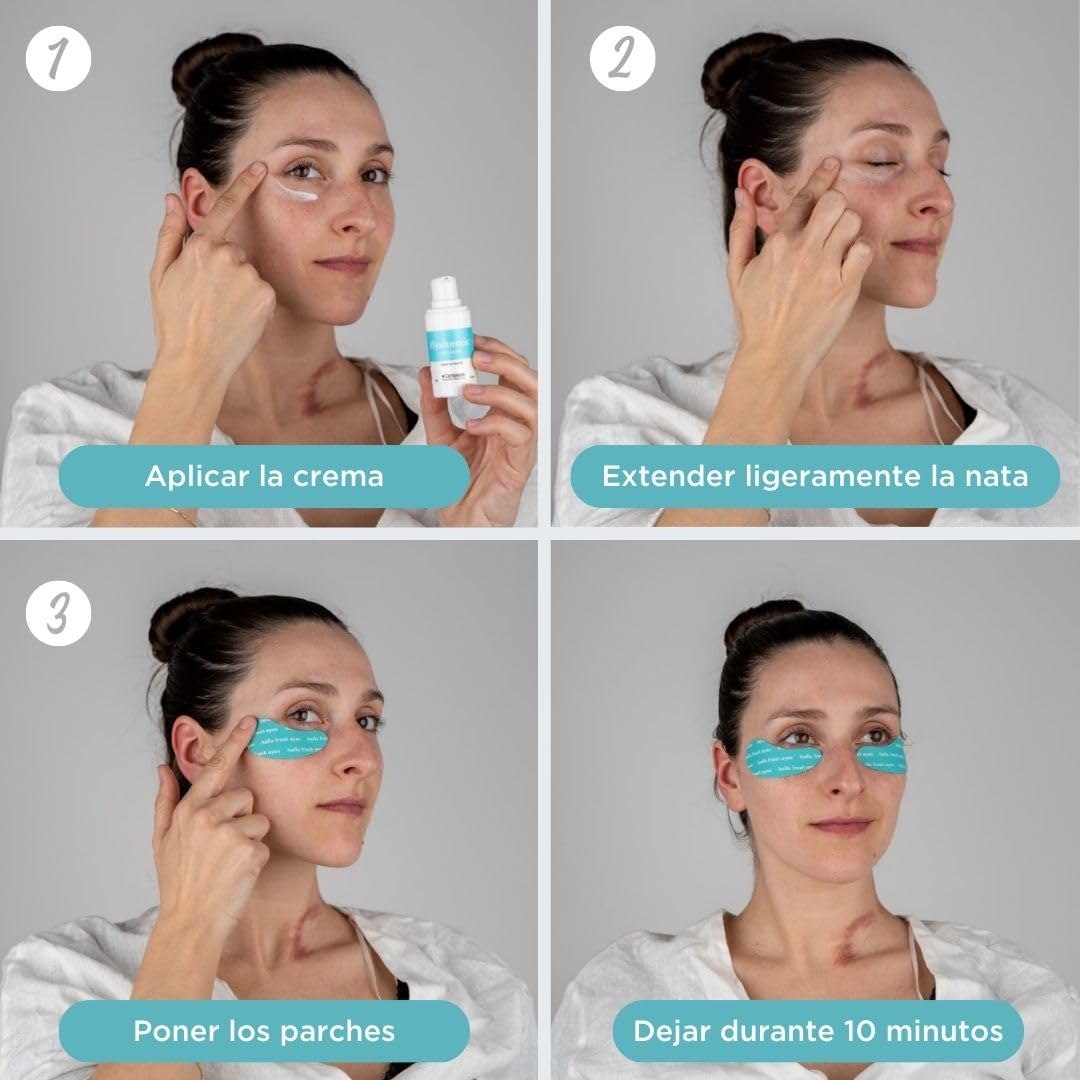Parches Ojos Antiojeras Ácido Hialuronico - Crema Contorno de Ojos Antiarrugas + 2 Parches para Bolsas y Ojeras Reutilizables - Crema Ácido Hialuronico con Cafeina y Eye Patches