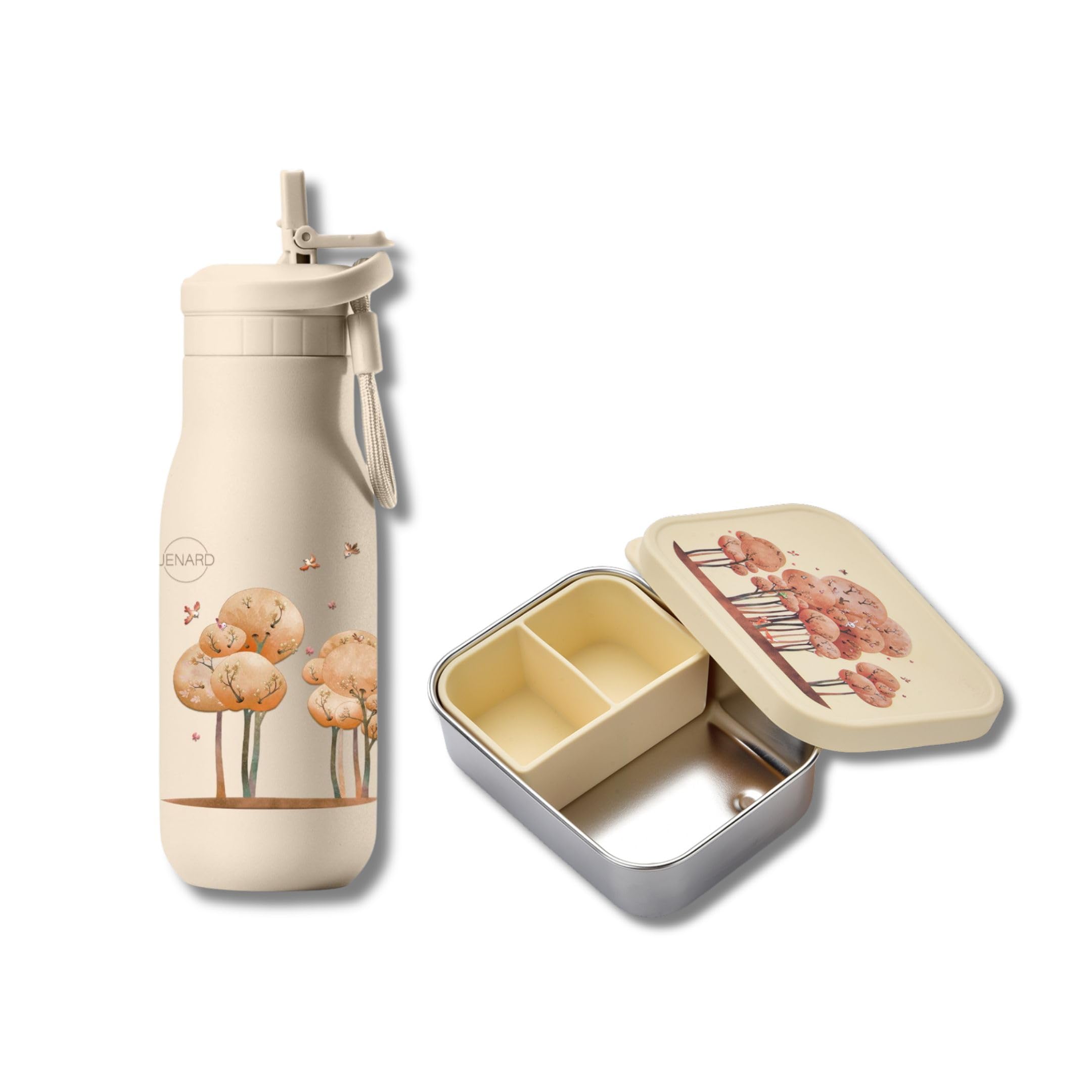 Jenard Brotdose & Trinkflasche Set für Kinder – Edelstahl Lunchbox mit Trennfach & auslaufsichere Thermoflasche – BPA-frei – Creme/Tiere im Wald
