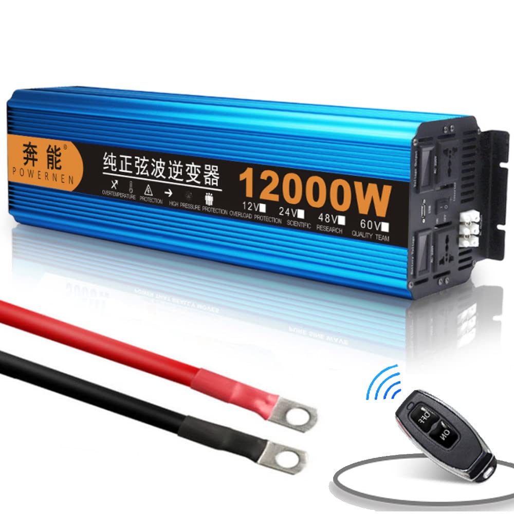 Przetwornica czystej fali sinusoidalnej 3000 W/12000 W DC 12 V na AC 230 V/240 V z bezprzewodowym pilotem i podwójnymi gniazdami i USB do samochodów ciężarowych, 12 V-12000 W