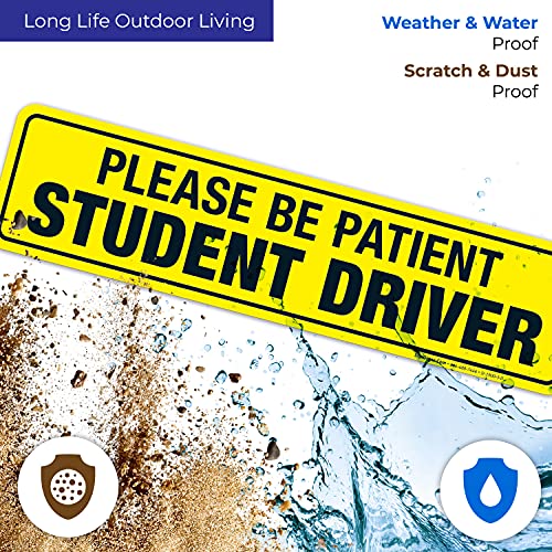 (4 Pack) Student Driver Sign Please Be Patient, 3X9 4 Mil Sleek Vinyl Decal Stickers, Weather Resistant, Long Lasting Uv Protected And Waterproof Made In Usa #TOP4