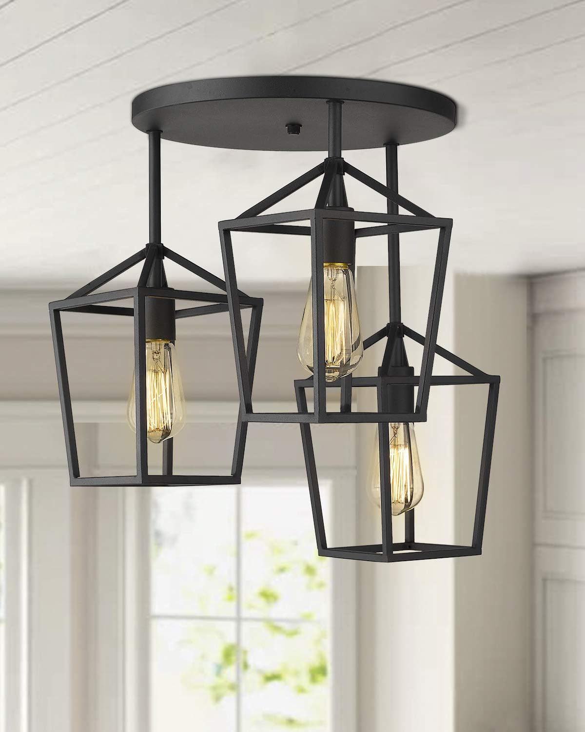 Emliviar 3-Light Ceiling Light, Semi-Flush Mount Light Fixture with Metal Cage in Black Finish, 20065D2-3 BK