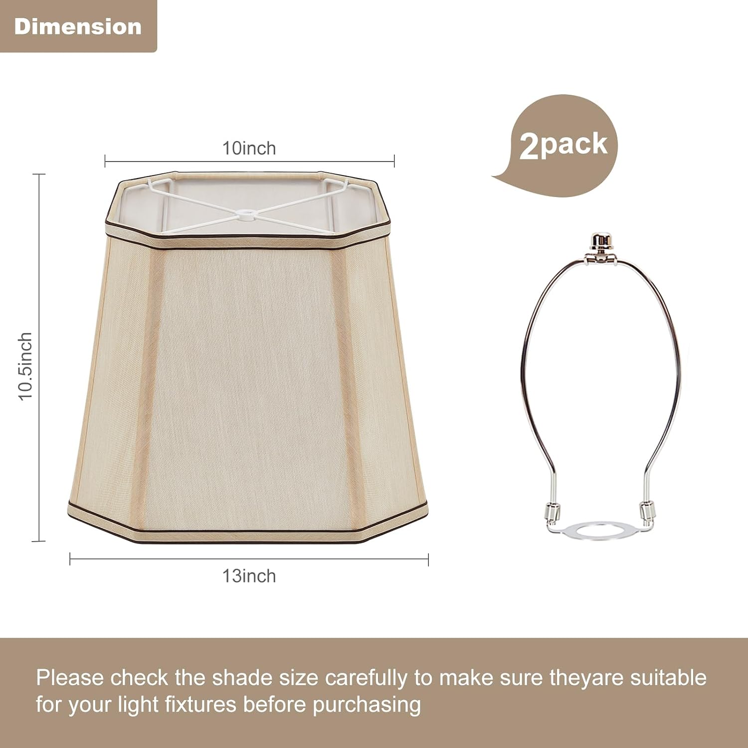 2-Pack Rectangular Lampshades, 10.5 x 10 x 13 Inches Medium Cut Corner Brown Faux Silk with Lamp Harps, Compatible with E26 & Saddle Base, Easy Assembly